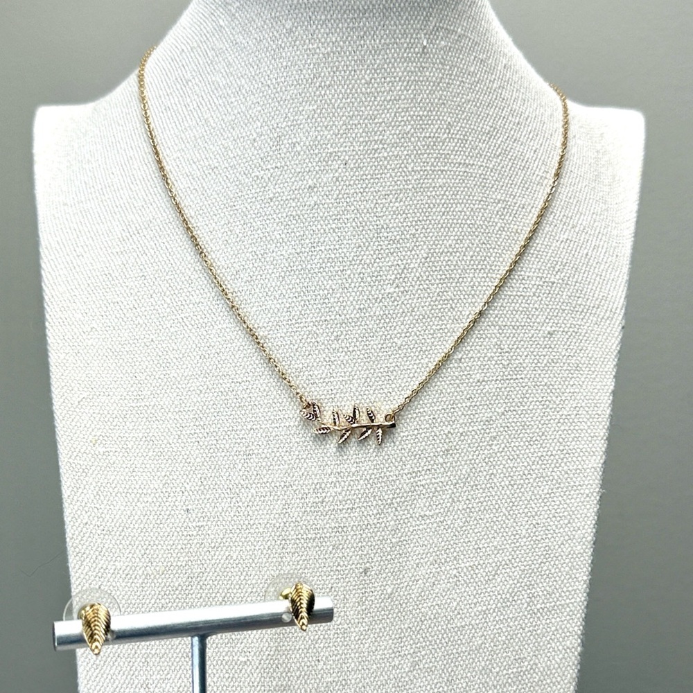 Olive Leaf Branch Necklace Earring Set Gold Tone